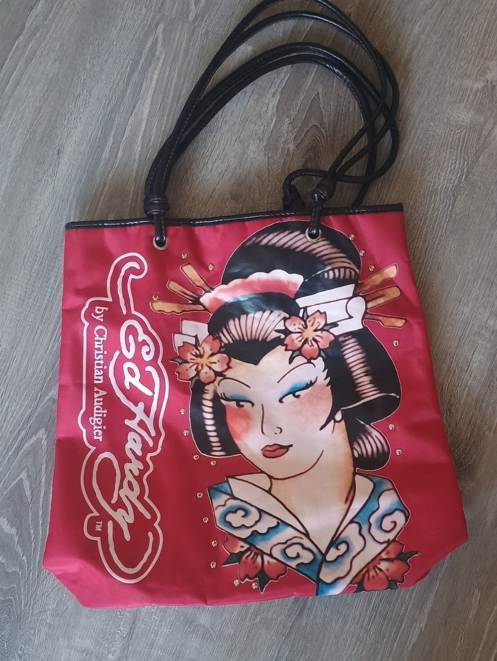Christian Audigier Red Tote with Geisha Artwork and Black Handles